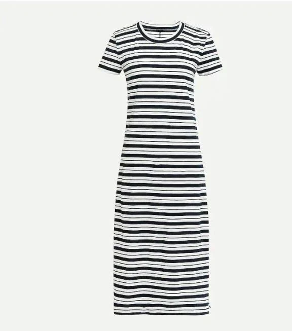 J Crew Navy White Striped Cotton Midi T-shirt Dress Sz S With Side
