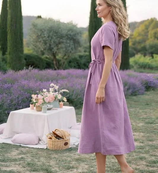 Relaxed Fit Linen Wrap Midi Dress
