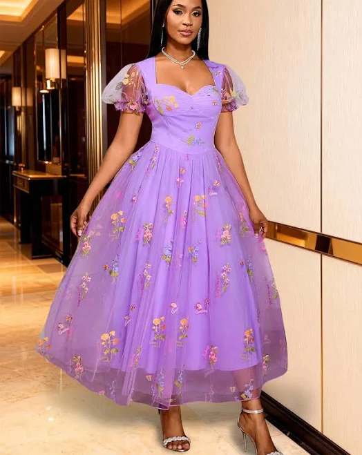 AOMEI Women's Sweetheart Neck Embroidered Tulle A-Line Dress with Puffy Sleeve