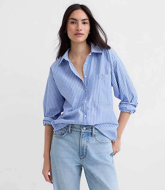 Loft Women's Oversized Striped Poplin Shirt with Pocket