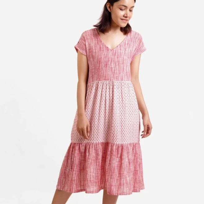 Geometric V-Neck Crinkled Cotton Midi Tier Dress