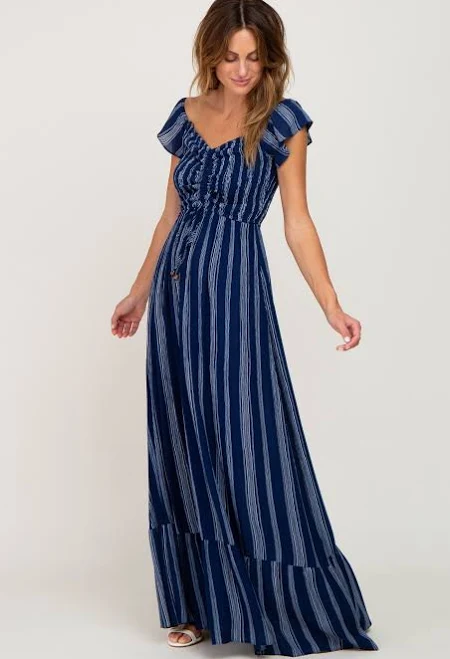 Navy Blue Striped Off Shoulder Front Tie Maxi Dress