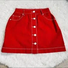 Red Button Front A Line Skirt Red Mini Pockets