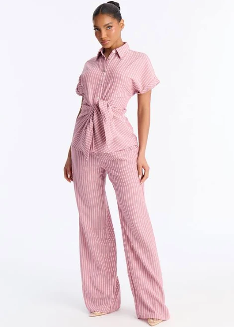Fashion Nova Tie Front Linen Button Up Shirt and Wide Leg Pant Set