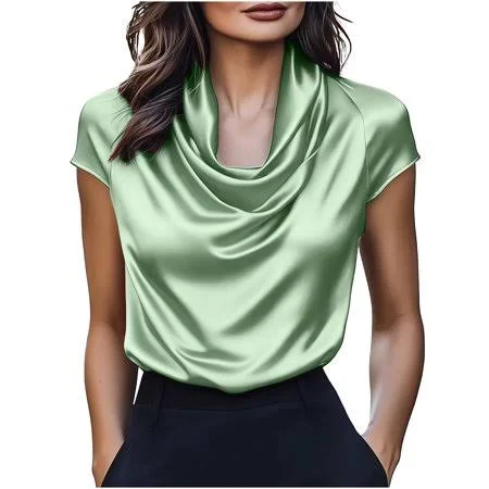 Women's Satin Loose Draped Neck Short Sleeve Blouse
