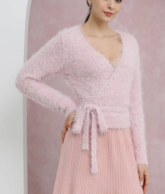 Wrap V-Neck Tie-Waist Fuzzy Knit Top