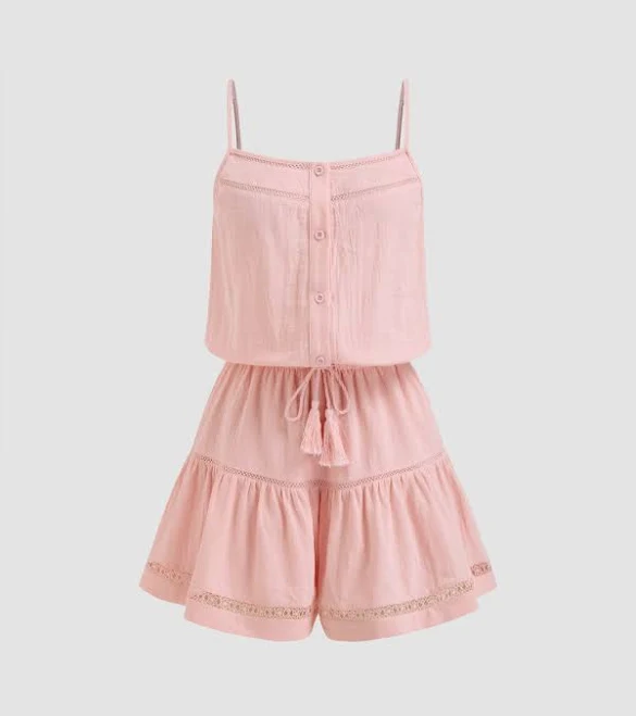 Linen-Blend Cotton Scoop Neckline Drawstring Fringe Romper