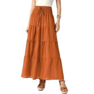 Allegra K Women's Boho Smocked Elastic Waist Tiered Maxi Skirt