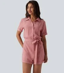 Short Sleeve Belted Linen-Feel Shirt Romper with Pocket