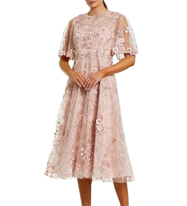 Mac Duggal Women's Embroidered Mesh Midi Dress