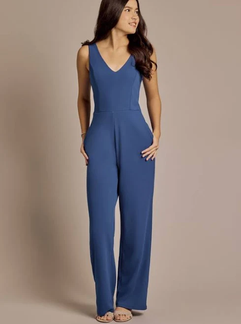 David's Bridal Crystal Doll Crepe V-Neck Jumpsuit