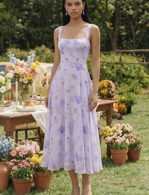 Zapaka Women's Printed Chiffon A-Line Midi Dress