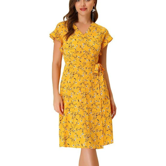 Women's Floral V Neck Ruffled Flutter Sleeve Belt Wrap Midi Dress, Size: Medium, Yellow