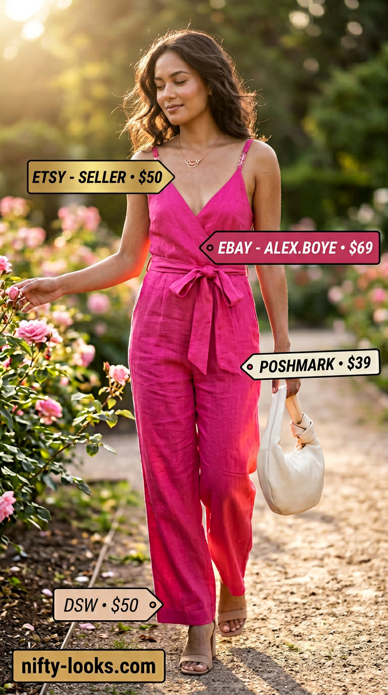 Romantic blush pink linen jumpsuit for women 2026, perfect for summer dates and garden parties.
