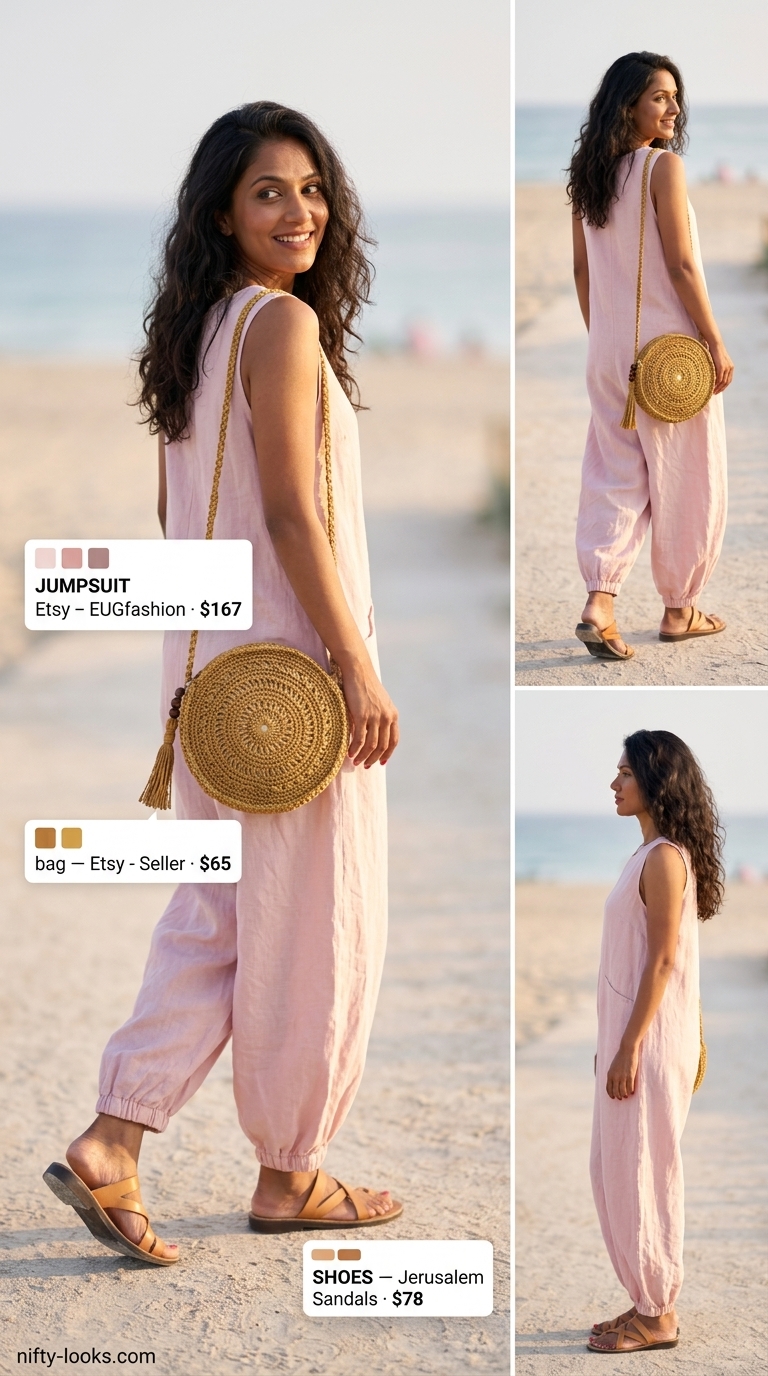 Boho blush pink linen jumpsuit for women 2026, perfect for beach vacations and summer festivals.