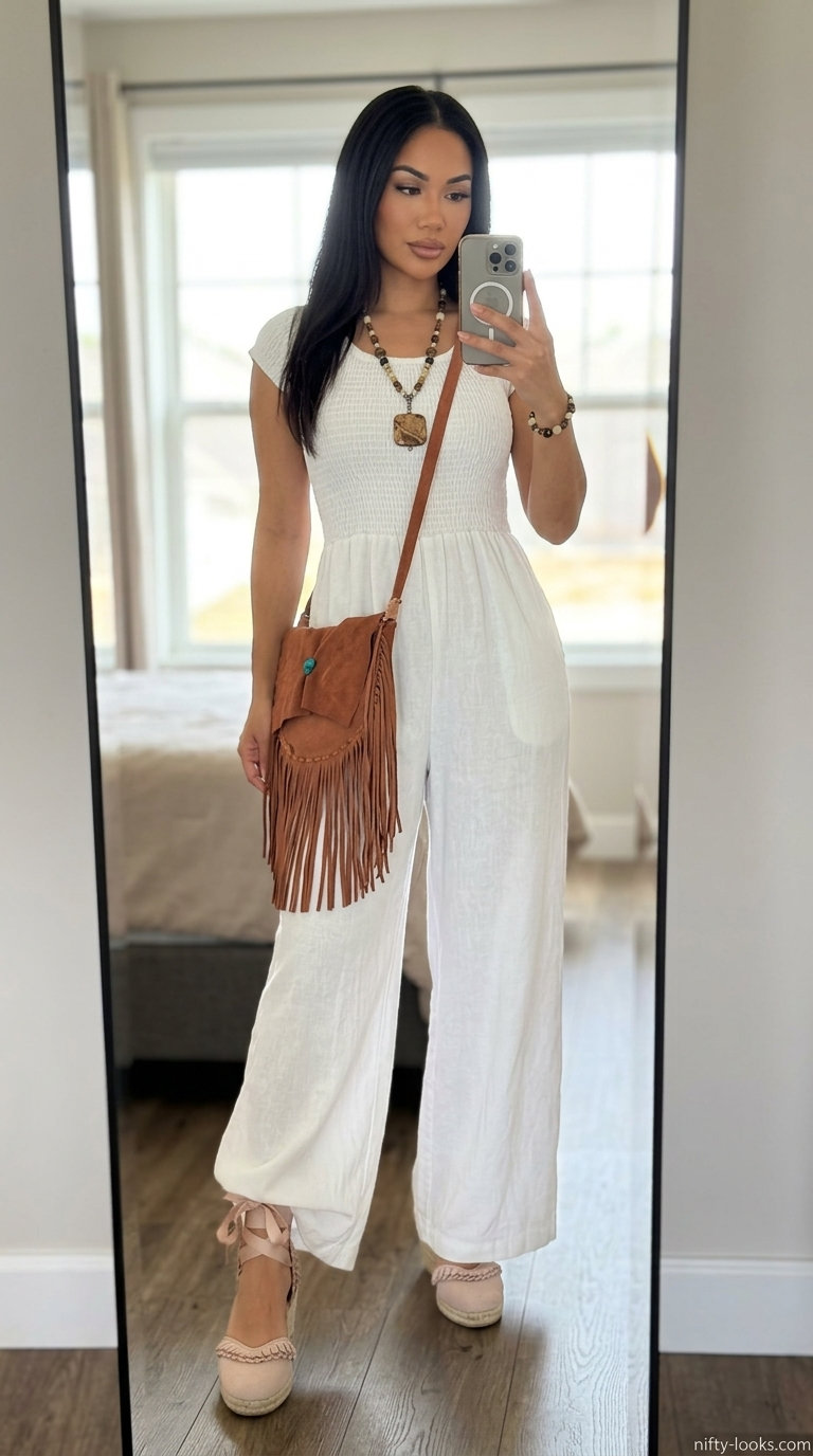 Boho ecru sleeveless linen jumpsuit for women 2026, ideal for summer festivals and casual day outs.