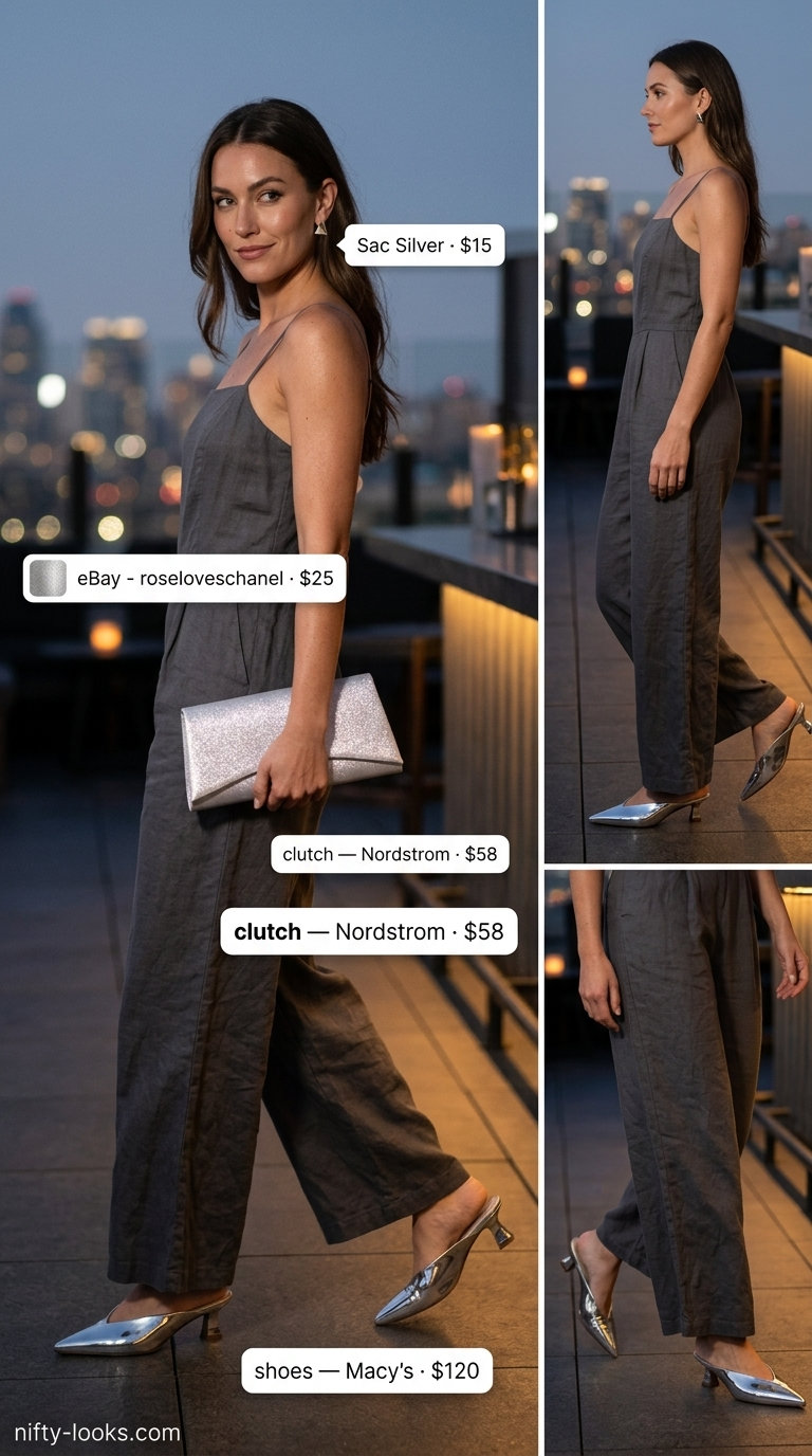 Charcoal grey sleeveless summer linen jumpsuit for women 2026, modern for evening events with metallic mules.