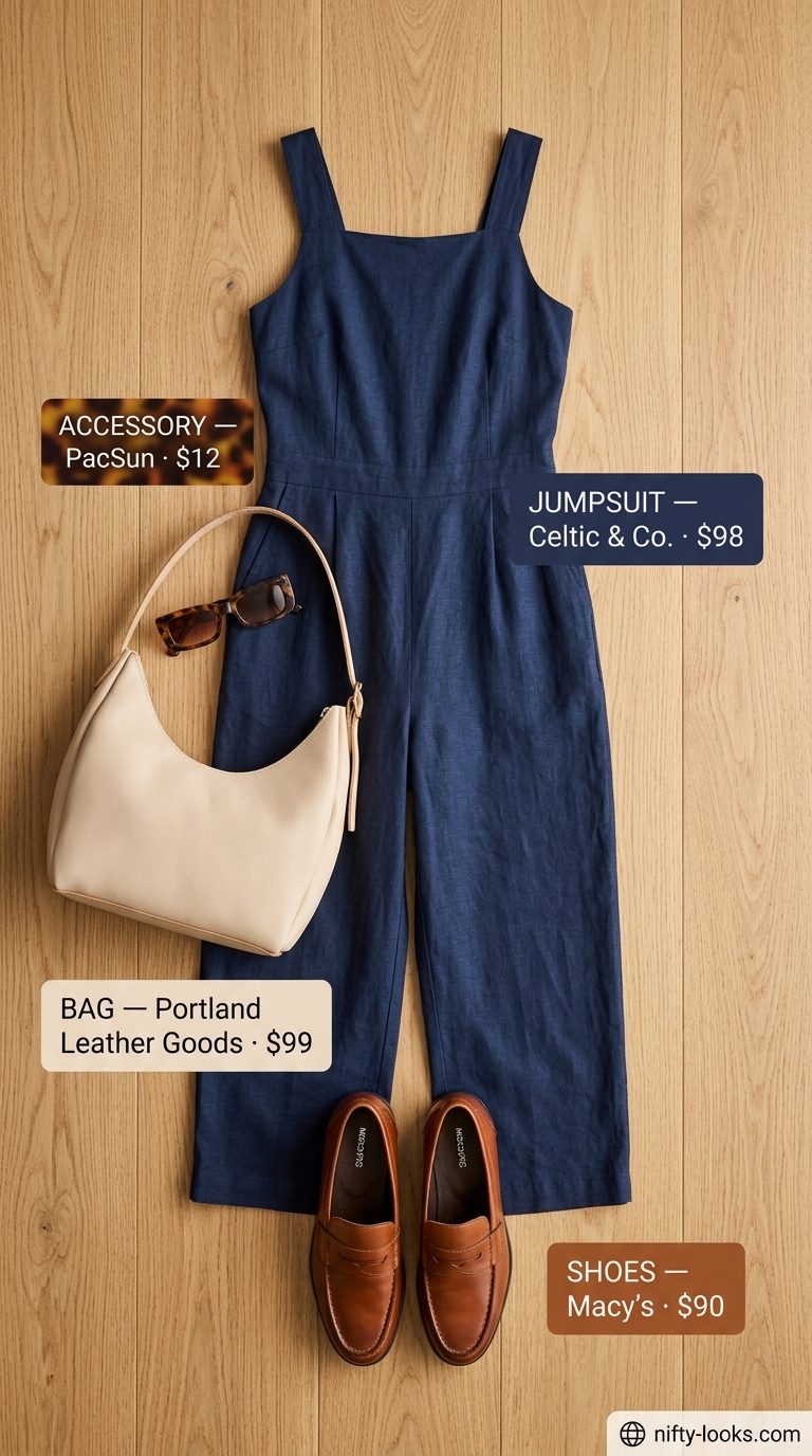Navy sleeveless summer linen jumpsuit for women 2026, classic for city errands with loafers and sunglasses.