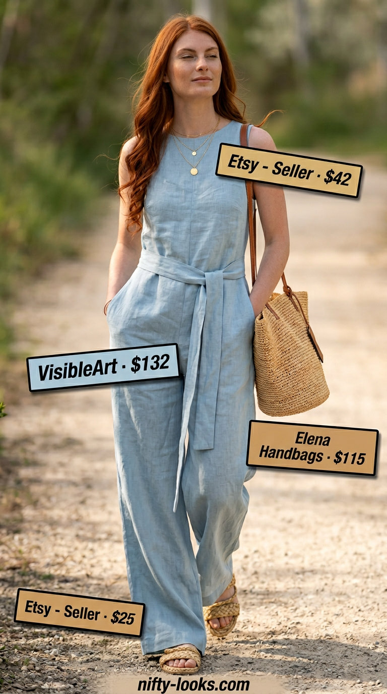 Sky blue sleeveless summer linen jumpsuit for women 2026, styled for a beach day with straw sandals and tote.
