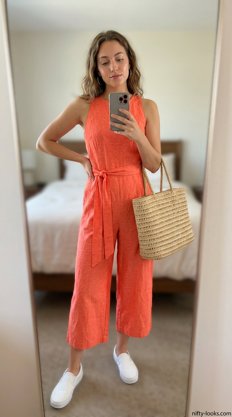 Bright coral sleeveless linen jumpsuit for women 2026, with white sneakers and straw tote for a daytime party.