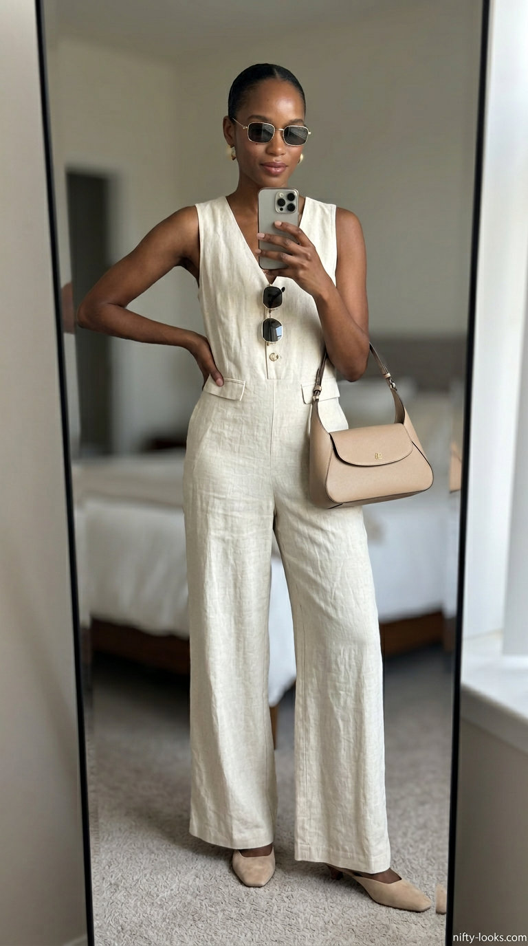 Chic cream linen jumpsuit for women 2026, ideal for smart casual occasions and weekend chic.