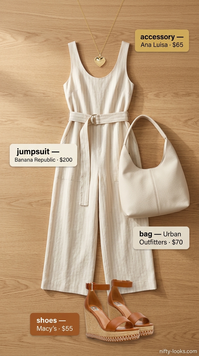 Cream sleeveless linen jumpsuit for women 2026, paired with light brown espadrille wedges and a hobo bag for casual daytime.