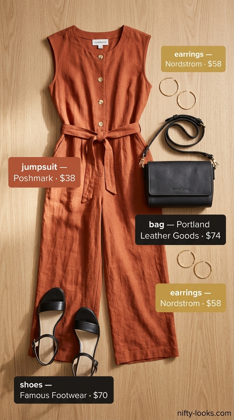 Terracotta sleeveless summer linen jumpsuit for women 2026, chic for evening events with block heels and crossbody bag.