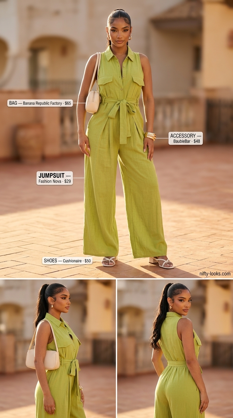 Emerald green sleeveless linen jumpsuit for women 2026, with cream sandals and top-handle bag for resort wear.