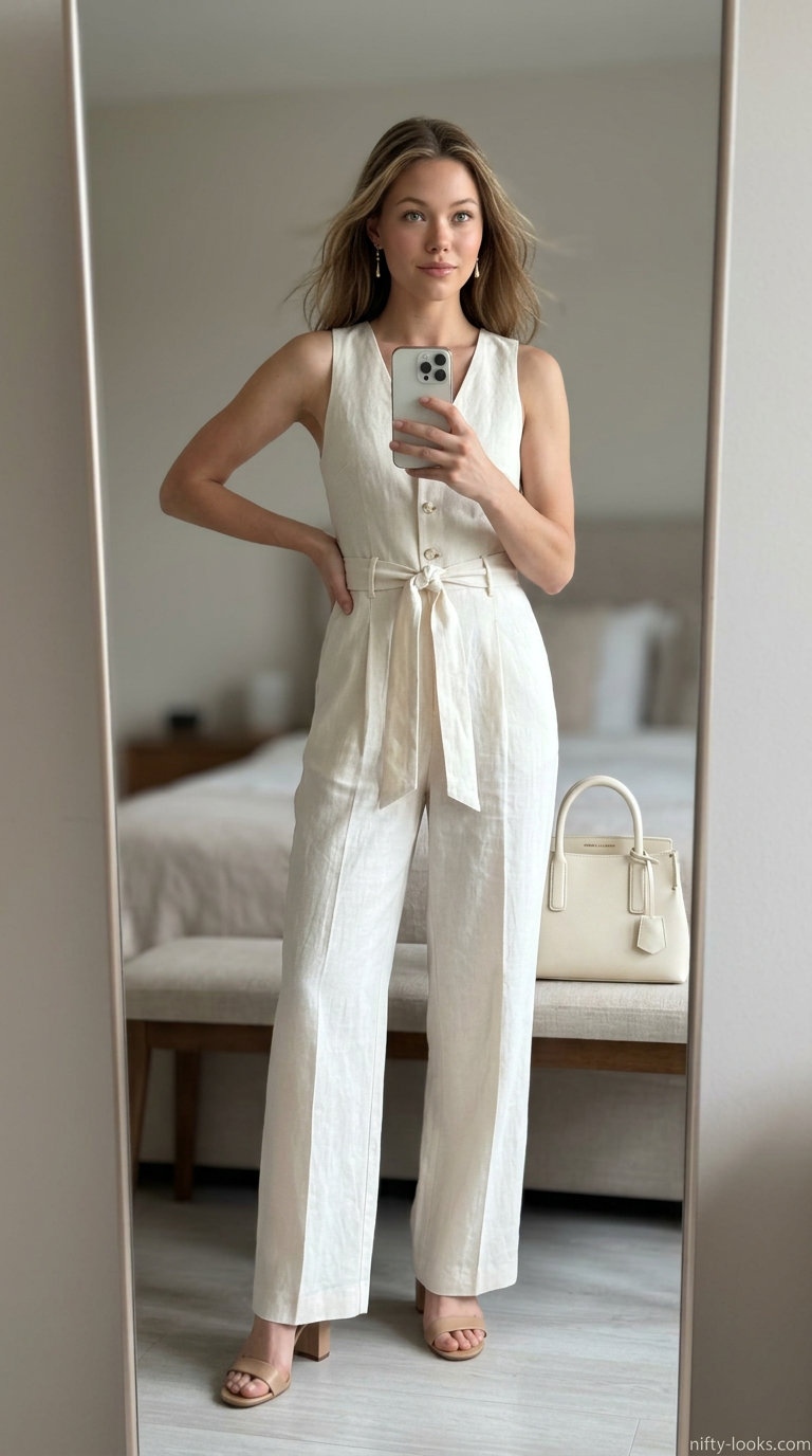 Elegant ivory linen jumpsuit for women 2026, a chic choice for summer wedding guests and daytime events.