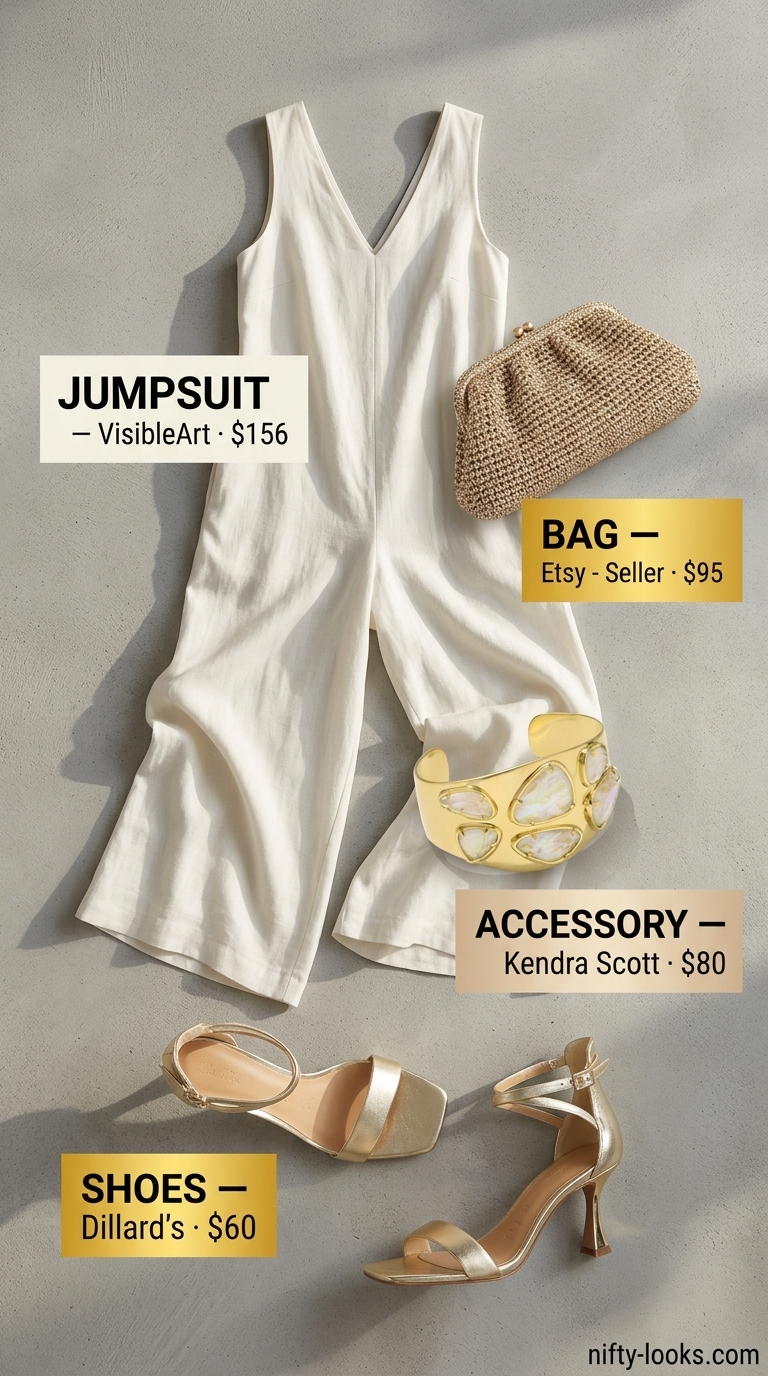 Ivory sleeveless linen jumpsuit for women 2026, with metallic sandals and clutch for a summer wedding guest.