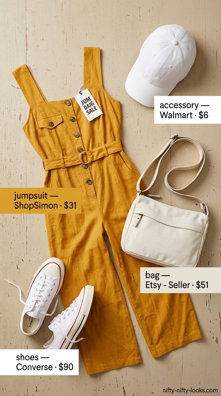 Mustard yellow sleeveless linen jumpsuit for women 2026, paired with white sneakers and a crossbody bag for weekend errands.