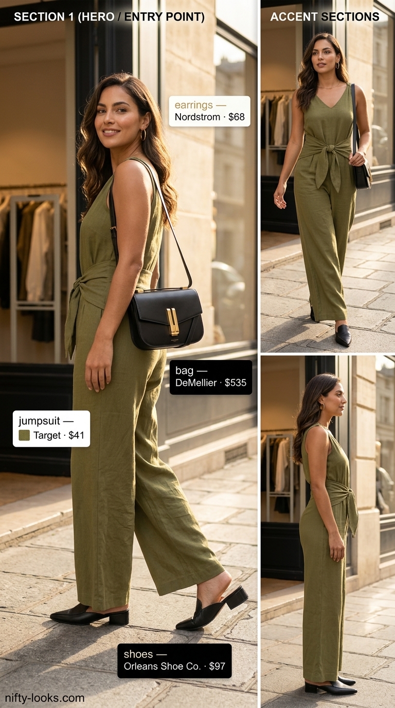 Olive green sleeveless linen jumpsuit for women 2026, with black mules and leather crossbody for smart casual.