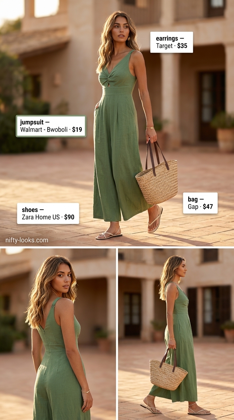 Sage green sleeveless linen jumpsuit for women 2026, styled with beige leather sandals and a straw tote for casual lunches.