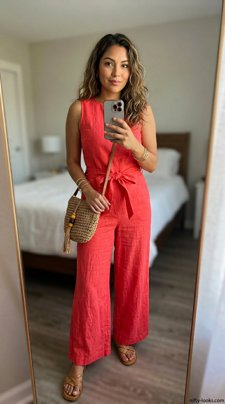 Coral sleeveless summer linen jumpsuit for women 2026, vibrant for vacation evenings with flat sandals.
