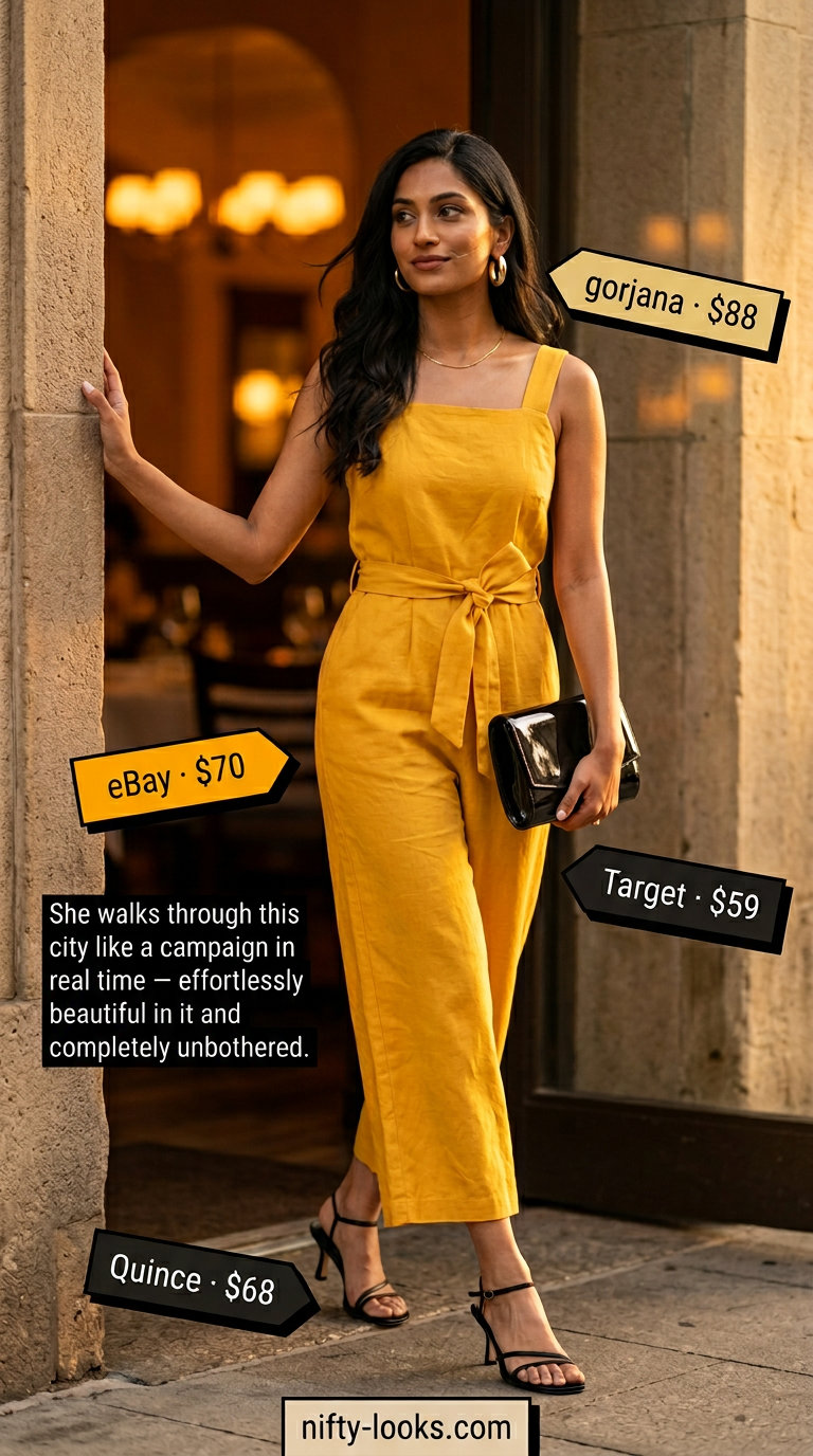 Sleeveless summer linen jumpsuit for women 2026 in marigold yellow, perfect for a cocktail party or summer dinner event.