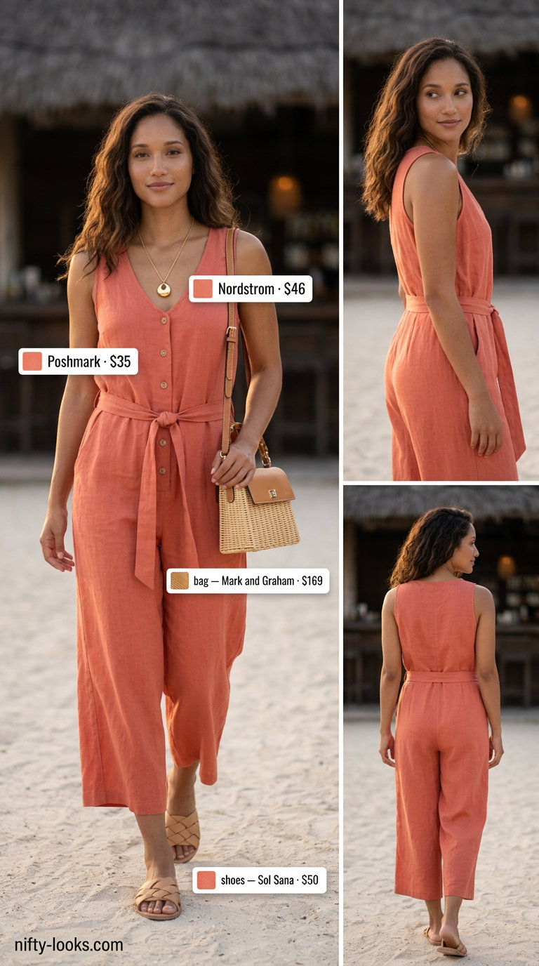 Coral sleeveless summer linen jumpsuit for women 2026, relaxed for sunset gatherings with leather slides.