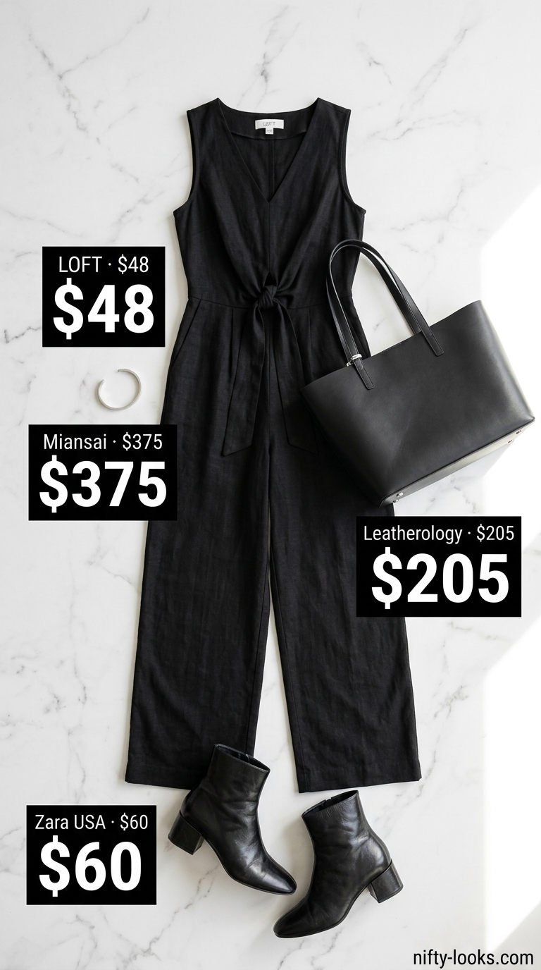 Black sleeveless summer linen jumpsuit for women 2026, perfect for business casual with ankle boots and tote.