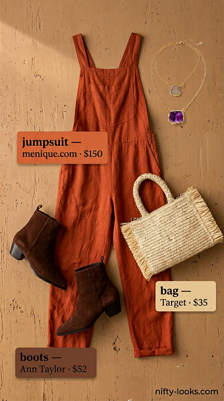 Earthy terracotta linen jumpsuit for women 2026, perfect for boho summer events and festivals.