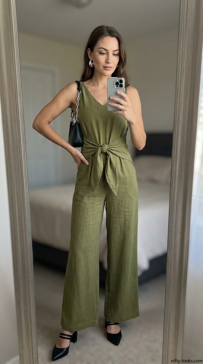 Olive green sleeveless summer linen jumpsuit for women 2026, chic for city dinners with mules.