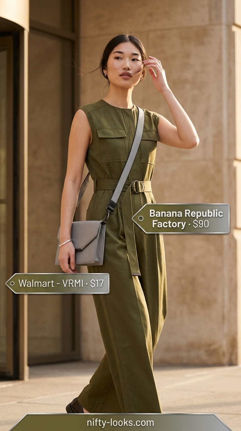 Olive green sleeveless summer linen jumpsuit for women 2026, practical for city exploration with sneakers.