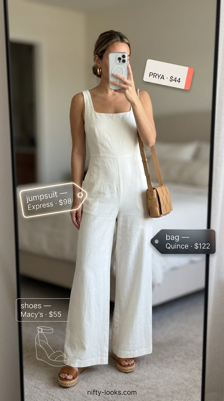 Crisp white sleeveless linen jumpsuit for women 2026, with tan crossbody bag and espadrille wedges for a summer evening event.