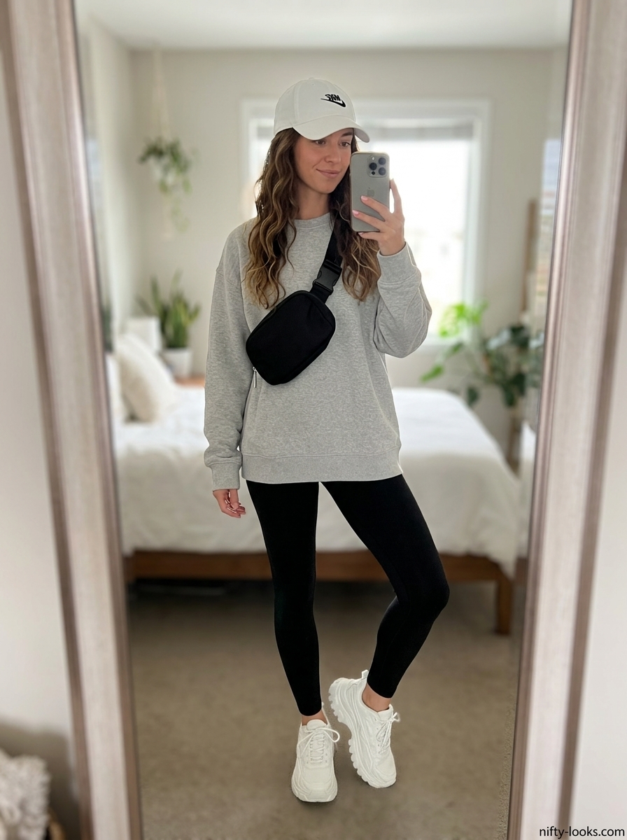 Sporty chic summer outfits for women with sneakers 2026: Black leggings, grey sweatshirt, white sneakers, baseball cap.