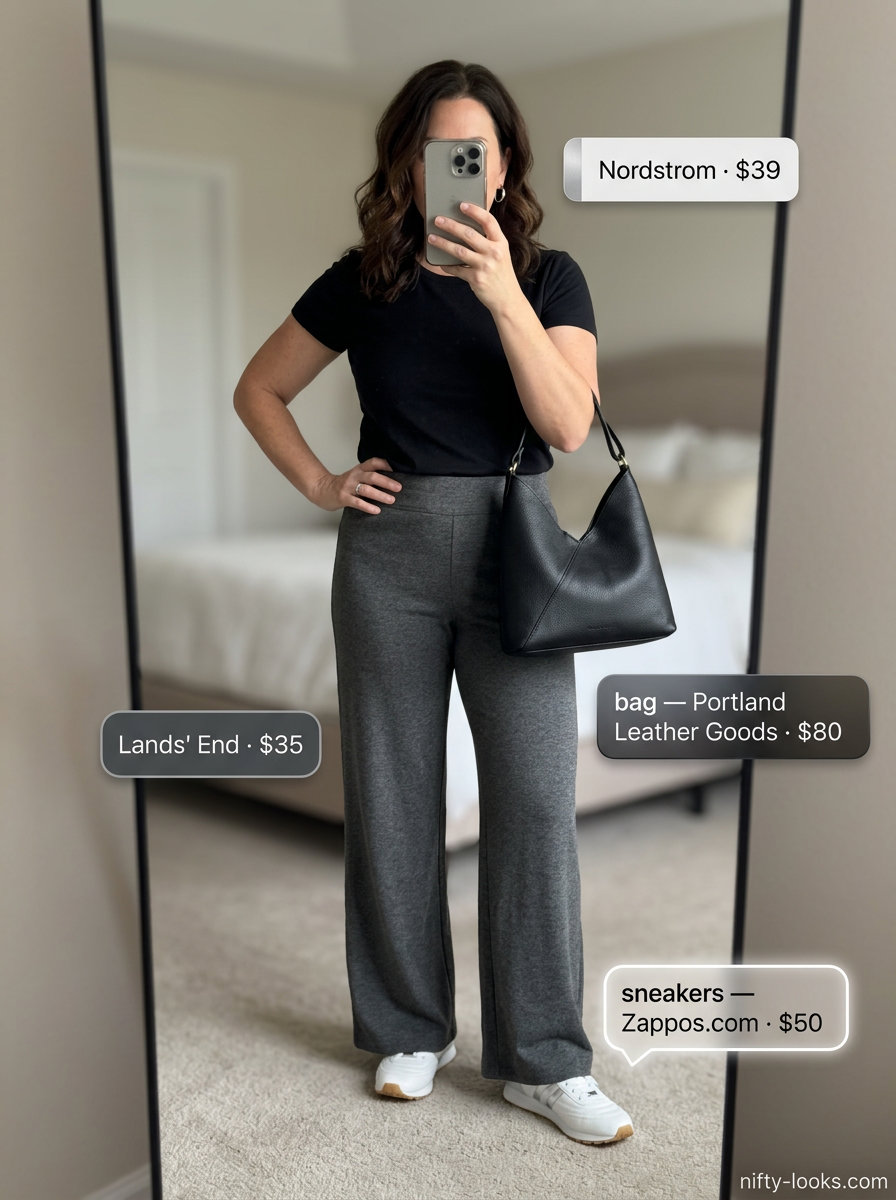 Sporty chic summer outfits for women with sneakers 2026: Charcoal grey knit set, white sneakers, leather shoulder bag.