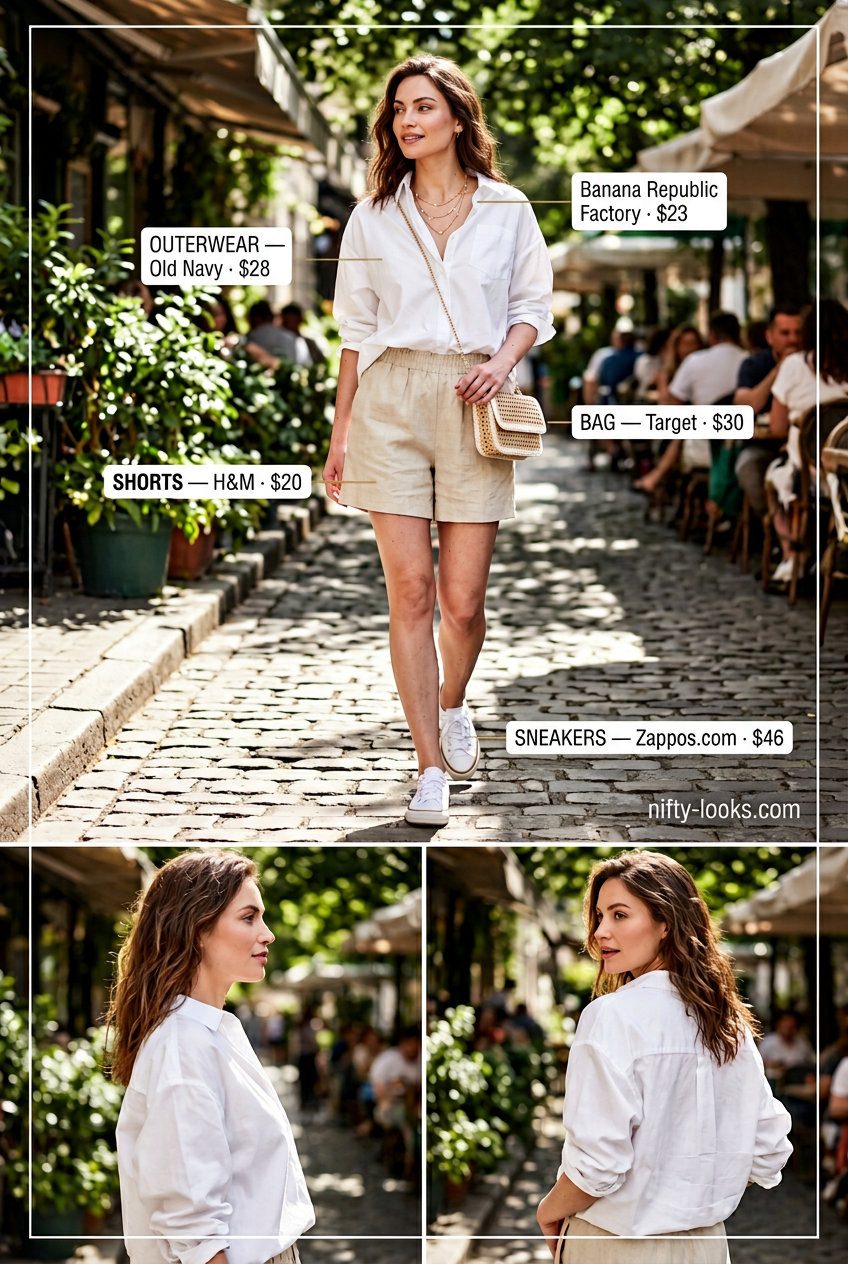 Sporty chic summer outfits for women with sneakers 2026: Linen shorts, white shirt, white sneakers, straw bag.