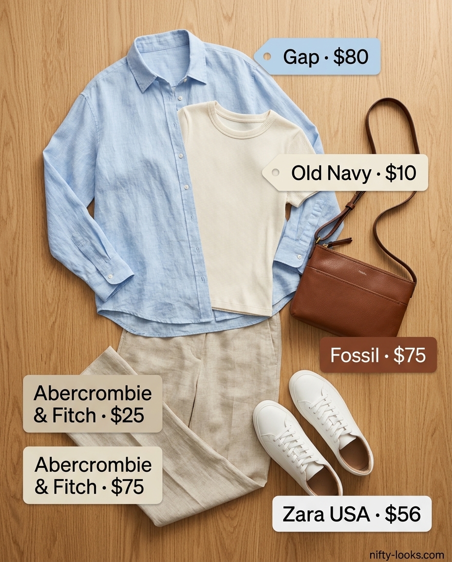 Sporty chic summer outfits for women with sneakers 2026: Beige trousers, linen shirt, white sneakers, crossbody bag.