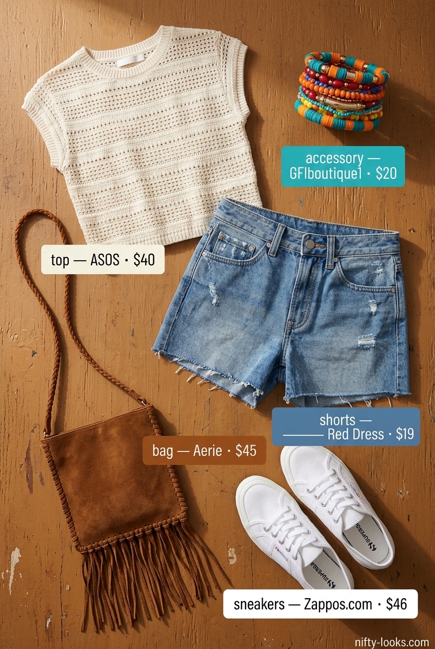 Sporty chic summer outfit for women: Denim shorts, crochet top, fringe bag, and white sneakers.