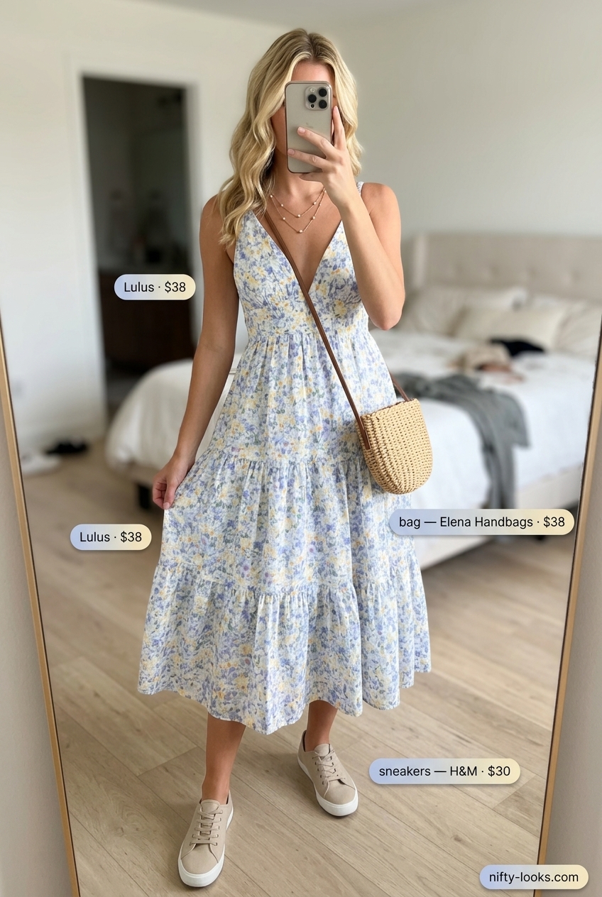 Sporty chic summer outfit for women: Sky blue floral midi dress, straw bag, and canvas sneakers.