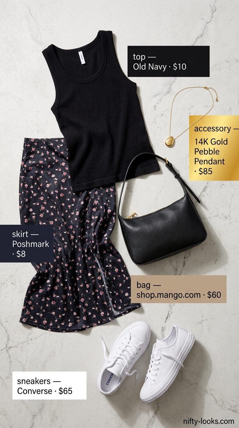 Sporty chic summer outfit for women: Floral midi skirt, black tank, white sneakers, and crossbody bag.