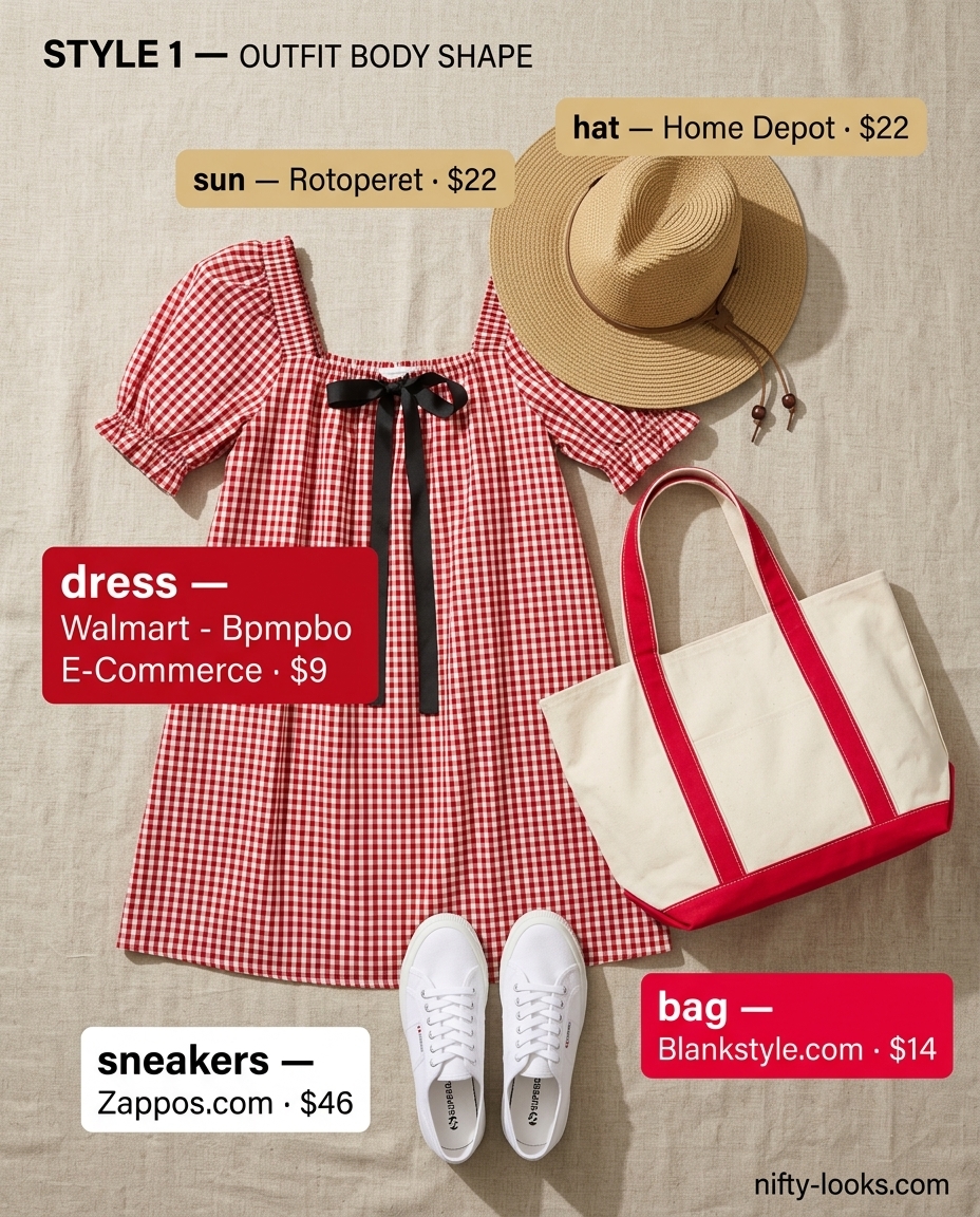 Sporty chic summer outfit for women: Red gingham sundress, canvas sneakers, straw hat, and canvas tote.