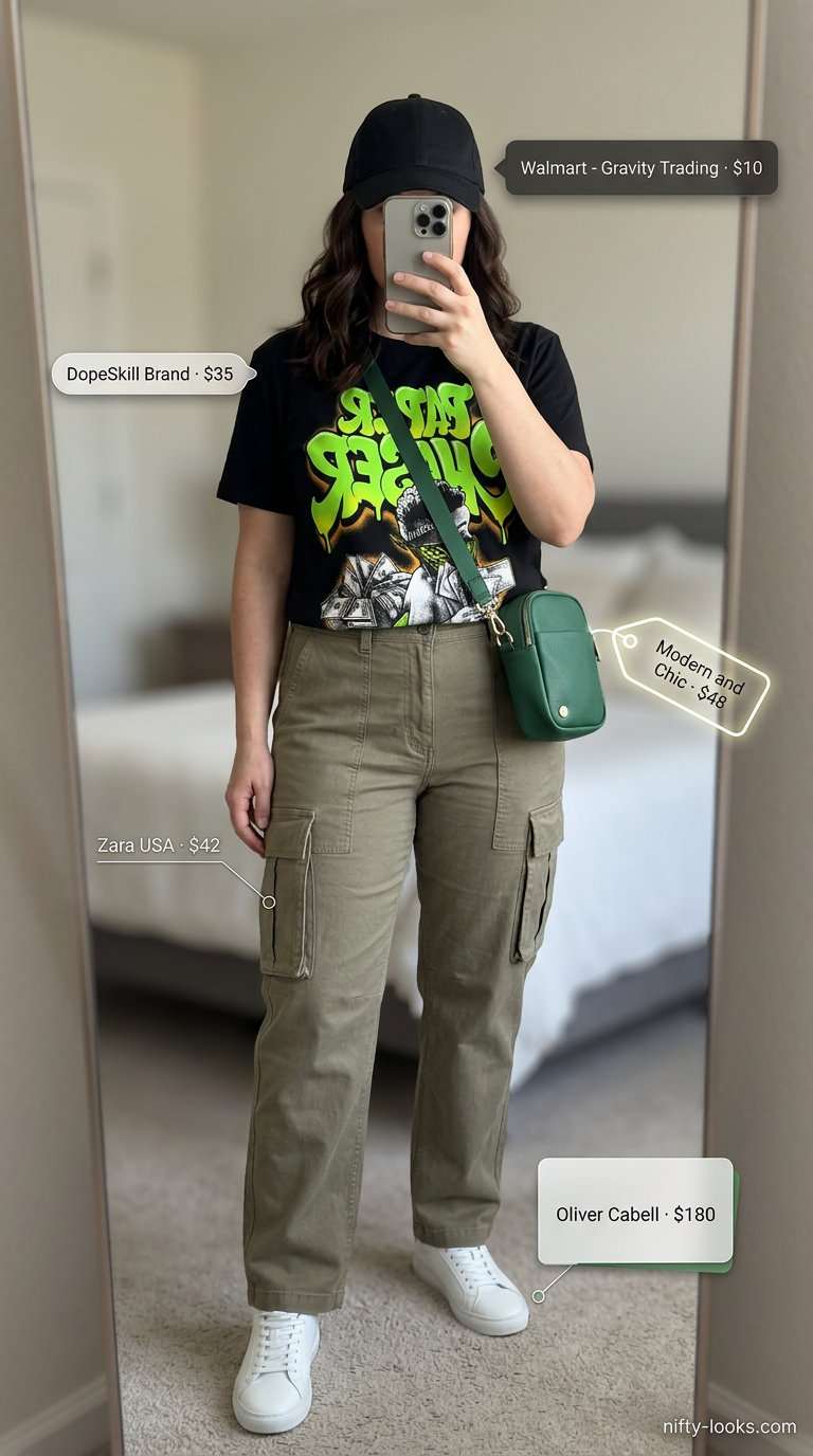 Sporty chic summer outfit for women: Khaki cargo pants, graphic tee, bright green crossbody, and white sneakers.
